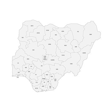 Nigeria political map of administrative divisions - states and federal capital territory. Grey handdrawn doodle style map with black outline borders and name labels.