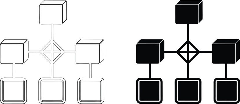 Network diagram boxes showing connection and structure with central hub and distributed nodes.