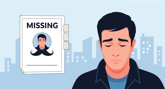 Sad man standing in front of a city skyline looking at a missing person flyer featuring a photo of his own face.