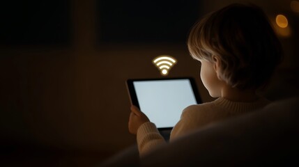 Naklejka premium Young child holding a tablet in a dimly lit environment, displaying a WiFi connection symbol. Focus on technology and home connectivity