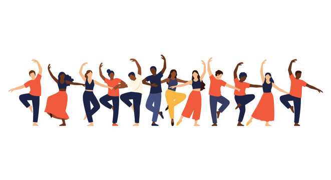 Row of diverse men and women in colorful clothing performing a synchronized dance routine with their arms raised and legs moving.