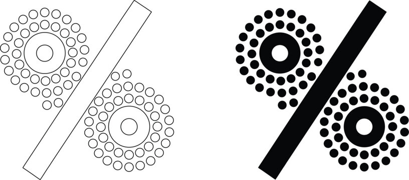 Percentage sign composed of small circles as outline and solid icons for data analysis.
