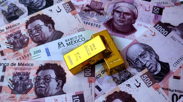 Mexican gold bars or ingots as a tool for balance, financial investment, and savings. Mexican gold bars as a financial backdrop for your design