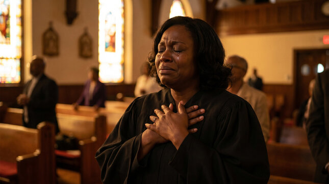 A woman in a church, eyes closed and hands over her heart, expressing deep emotion during a service. The background shows other worshippers and stained-glass windows
