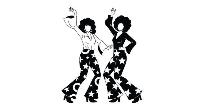 Silhouettes of two women in 1970s disco outfits with bell-bottom pants and afro hairstyles dancing in a retro style.
