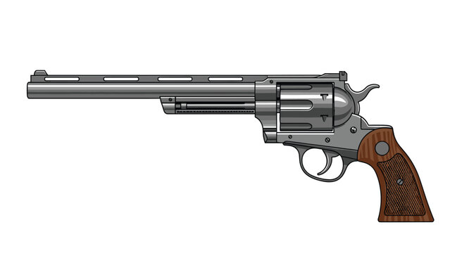 Classic silver revolver handgun with a textured wooden grip and long barrel is illustrated in fine detail.