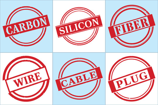 A flat vector graphic featuring red circular stamps with labels for materials: Carbon, Silicon, Fiber, Wire, Cable, and Plug.