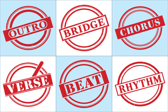 A flat vector design featuring six red circular stamps with music terms: Outro, Bridge, Chorus, Verse, Beat, Rhythm, on a light blue background.