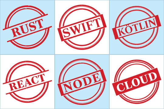 Flat vector illustration featuring stamps of programming languages and technologies: Rust, Swift, Kotlin, React, Node, Cloud.