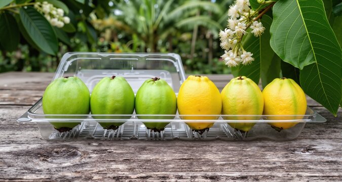Seven guavas in a clear disposable plastic clamshell container, arranged in a gradient row from hard green unripe to soft yellow-green ripe, rustic wooden table, blurred tropical garden background, gu