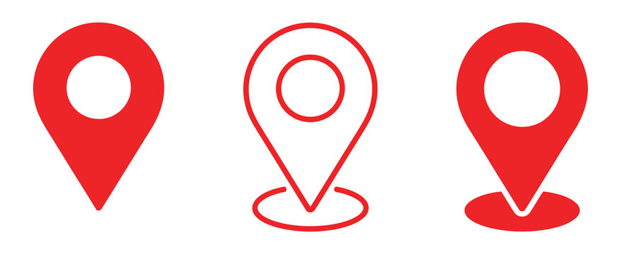 Location icon set map pin sign symbol in red solid and outline styles for destination address navigation and location tracking interface design