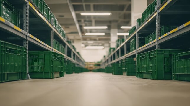 Empty supermarket aisle with green crates on bare metal shelves, illustrating food supply scarcity and a desolate retail environment