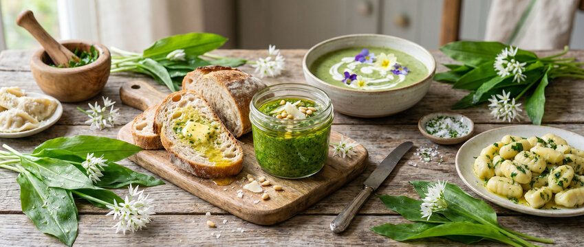 B&auml;rlauchk&uuml;che mit Pesto, Suppe und Gnocchi als Foodkonzept