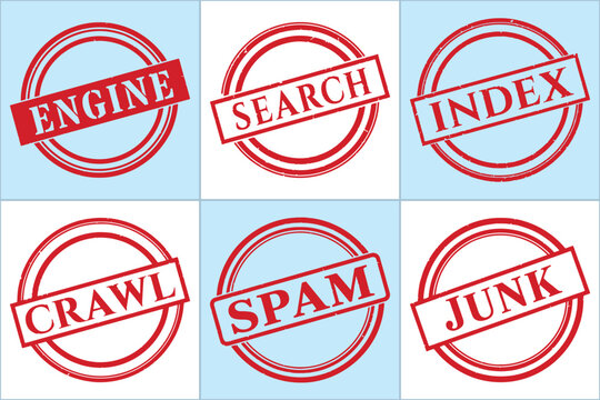 Flat vector graphic featuring stamps labeled 'ENGINE', 'SEARCH', 'INDEX', 'CRAWL', 'SPAM', and 'JUNK', representing SEO and search engine processes.