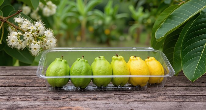 Seven guavas in a clear disposable plastic clamshell container, arranged in a gradient row from hard green unripe to soft yellow-green ripe, rustic wooden table, blurred tropical garden background, gu