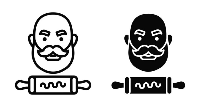 Baker chef icon set featuring bald man with beard and mustache above rolling pin for bakery logo design and culinary branding