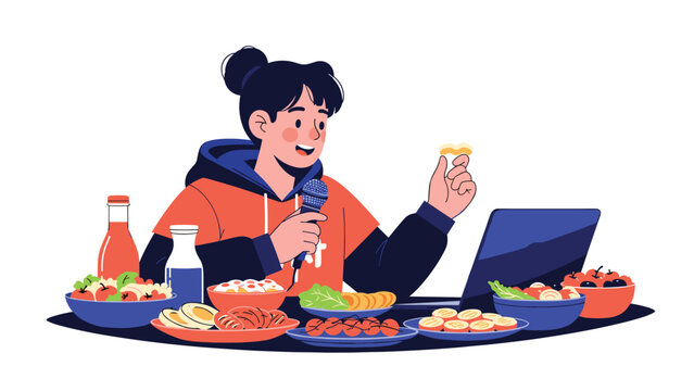 Woman is recording a food mukbang or review while sitting at a table filled with various delicious dishes.