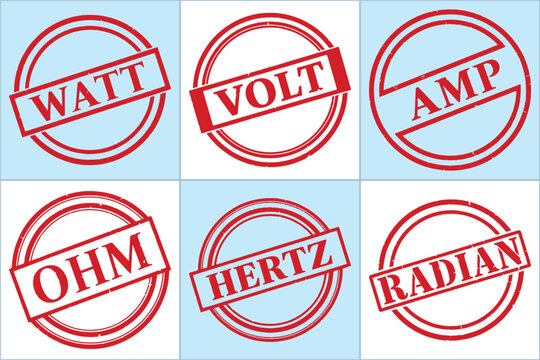 Flat vector illustration showcasing six circular stamps labeled WATT, VOLT, AMP, OHM, HERTZ, and RADIAN in bold red text.