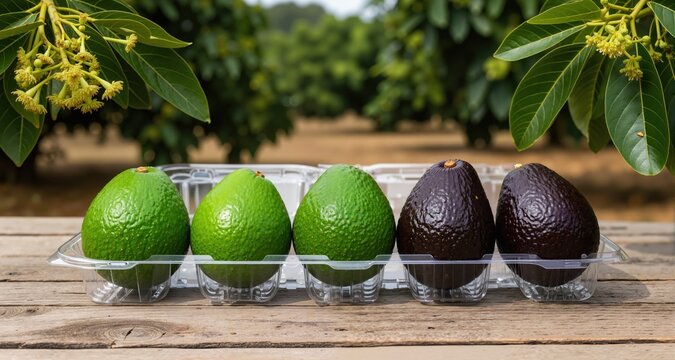 Seven avocados in a clear disposable plastic clamshell container, arranged in a gradient row from bright green unripe to dark purplish-black ripe, rustic wooden table, blurred subtropical avocado grov