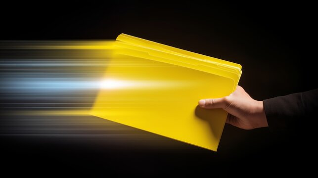 Hand holding yellow folder showing rapid information transfer, fast document delivery, and quick data processing