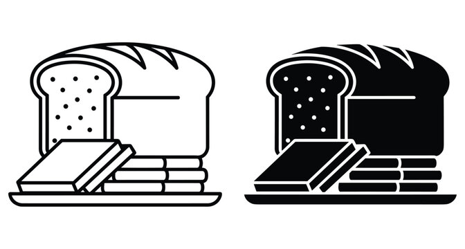 Bread loaf and slices icon set featuring outline and solid black styles for bakery menu design and food industry branding