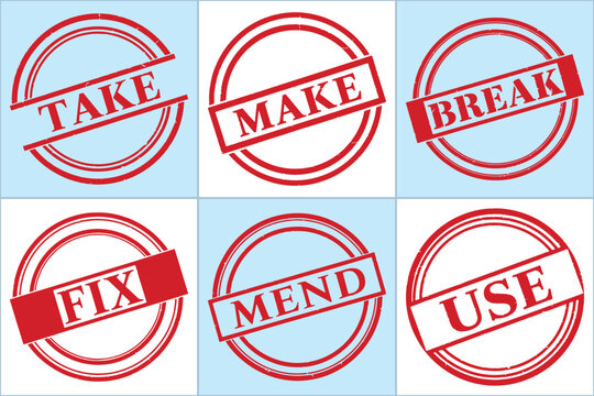 Flat vector illustration featuring six red circular stamps with action words: Take, Make, Break, Fix, Mend, Use.