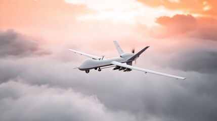 Fototapeta premium Military drone flying above reddish clouds as sun breaks through, unmanned aerial vehicle conducting surveillance