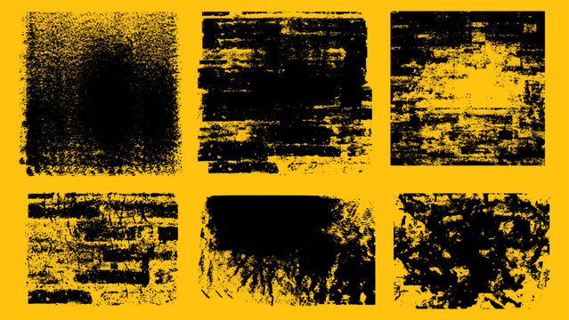 Abstract Yellow And Black Grunge Texture Border Elements Set, Vintage Distressed Frame Label Templates Isolated On Orange Background