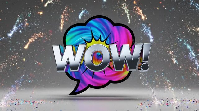 Explosive burst of jubilant surprise as a colorful speech bubble emphatically declares 'WOW!' amidst a dazzling display of celebratory fireworks and sparkling particles, perfect for expressing