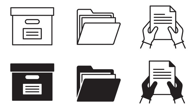 Document organization icons: archive box folder hands holding paper outline and solid styles with document