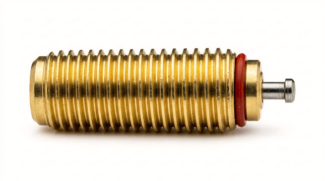 Extreme macro of a brass Schrader tire valve core with steel pin and red Teflon seal. Automotive pneumatic component isolated on white.