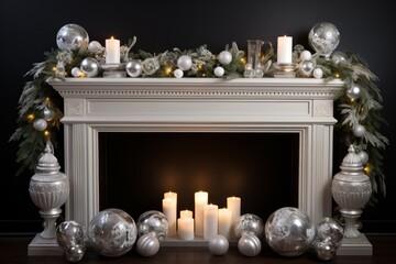 Fototapeta premium Fireplace mantel decorated with festive garland, silver ornaments, and glowing candles for christmas