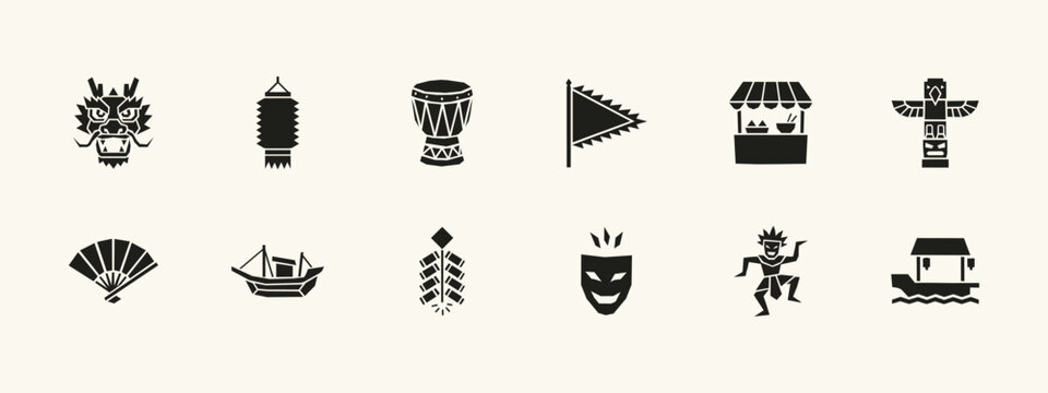Black silhouette Asian culture icons set with dragon lantern boat fan and traditional dancer symbols