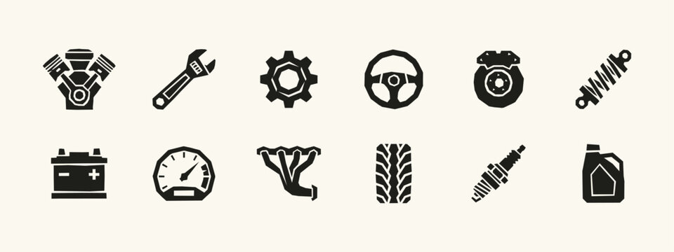 Collection of black car service icons such as engine, steering wheel, tools and spark plug