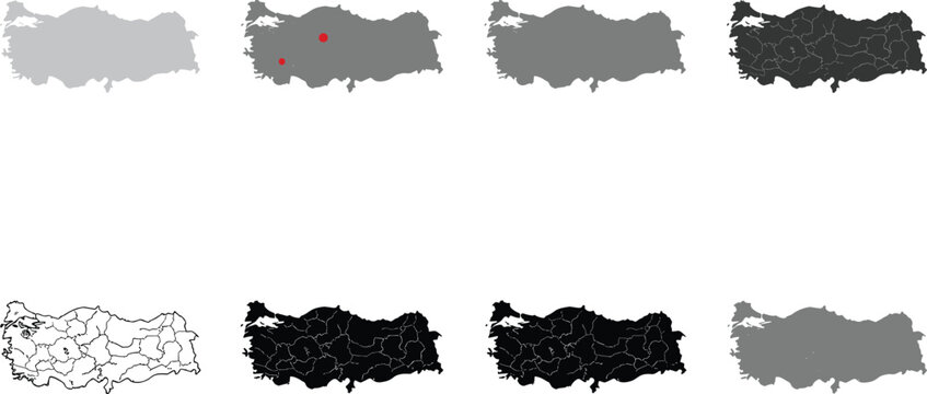 Turkey Map Vector Set. Different versions of Turkey map in various color styles, including outline and shaded options, perfect for geographical and political designs.