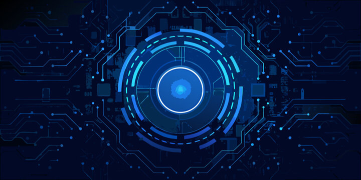 futuristic circular interface with glowing blue circuit pattern