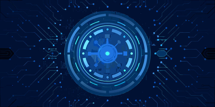futuristic circular interface with glowing blue circuit pattern