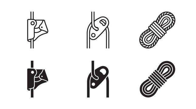 Rock climbing safety gear icons with ascender belay device coiled rope climbing ascender equipment