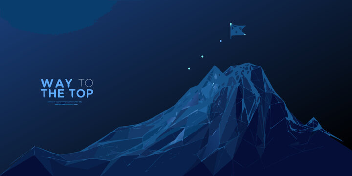 abstract polygonal mountain with flag blue gradient background