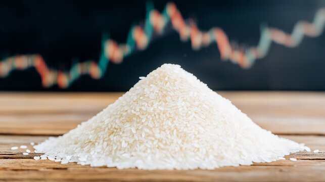 Rice commodity market showing price fluctuations with a food mound on a wooden table against a blurred financial graph