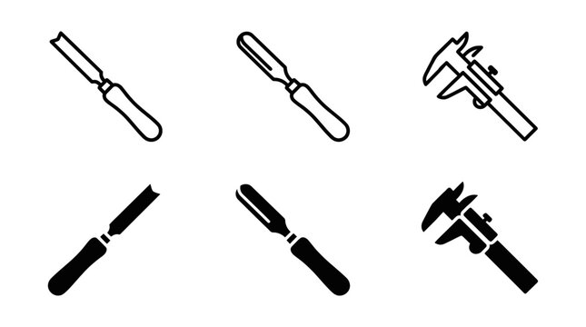 Woodworking chisels and caliper measurement tool icons set with woodworking carpentry measurement accuracy