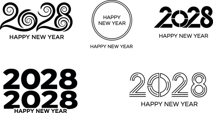 Happy New Year 2028 Logo Text Design Collection with Multiple Decorative Typography Styles on White Background