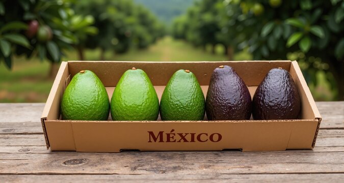 Avocado fruit in original cardboard box, 7 avocados arranged in a gradient row from bright green/unripe to dark purplish-black/ripe, blurred subtropical grove background, rustic wooden table, soft nat