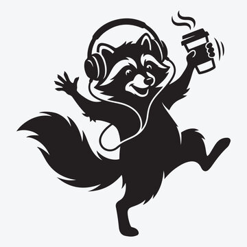 Cute Dancing Raccoon with Headphones and Coffee Silhouette Vector Illustration, Funny Animal Character Design