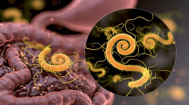 Close-up View of Human Stomach and Intestines With Pathogenic Bacteria on Gastric Mucosa in 8K Resolution Without Text or Logo