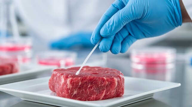 Lab Technician Swabs Raw Red Meat for E. Coli Salmonella Listeria Testing in Food Safety Process