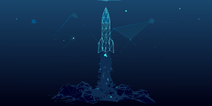 rocket launch illustration with geometric lines and dark blue background