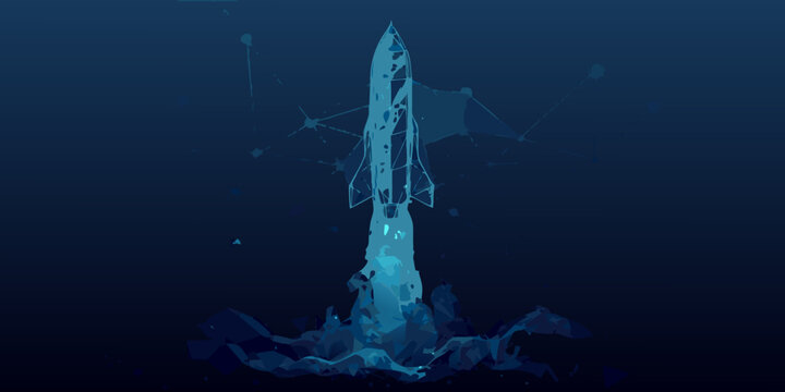 space rocket launch polygonal vector illustration with dark blue background