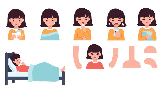 Character design sheet shows a young girl suffering from various flu symptoms like sneezing, crying, feeling cold, and resting in a bed with a fever.