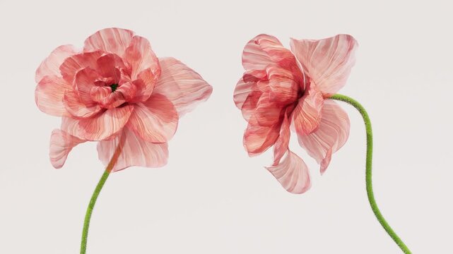 Two coral peach ranunculus flowers rising and blooming on beige cream neutral background, pair of delicate ruffled petals opening with curved green stems, minimalist elegant floral motion footage